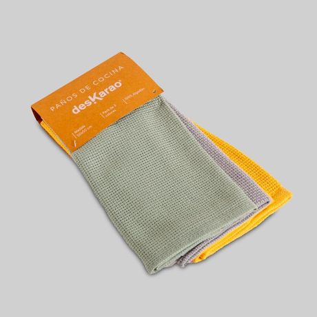 PACK 3 PAÑOS DE COCINA ALGODON BOSTON 50X50 MOSTAZA-GRIS-AGUA DESKARAO